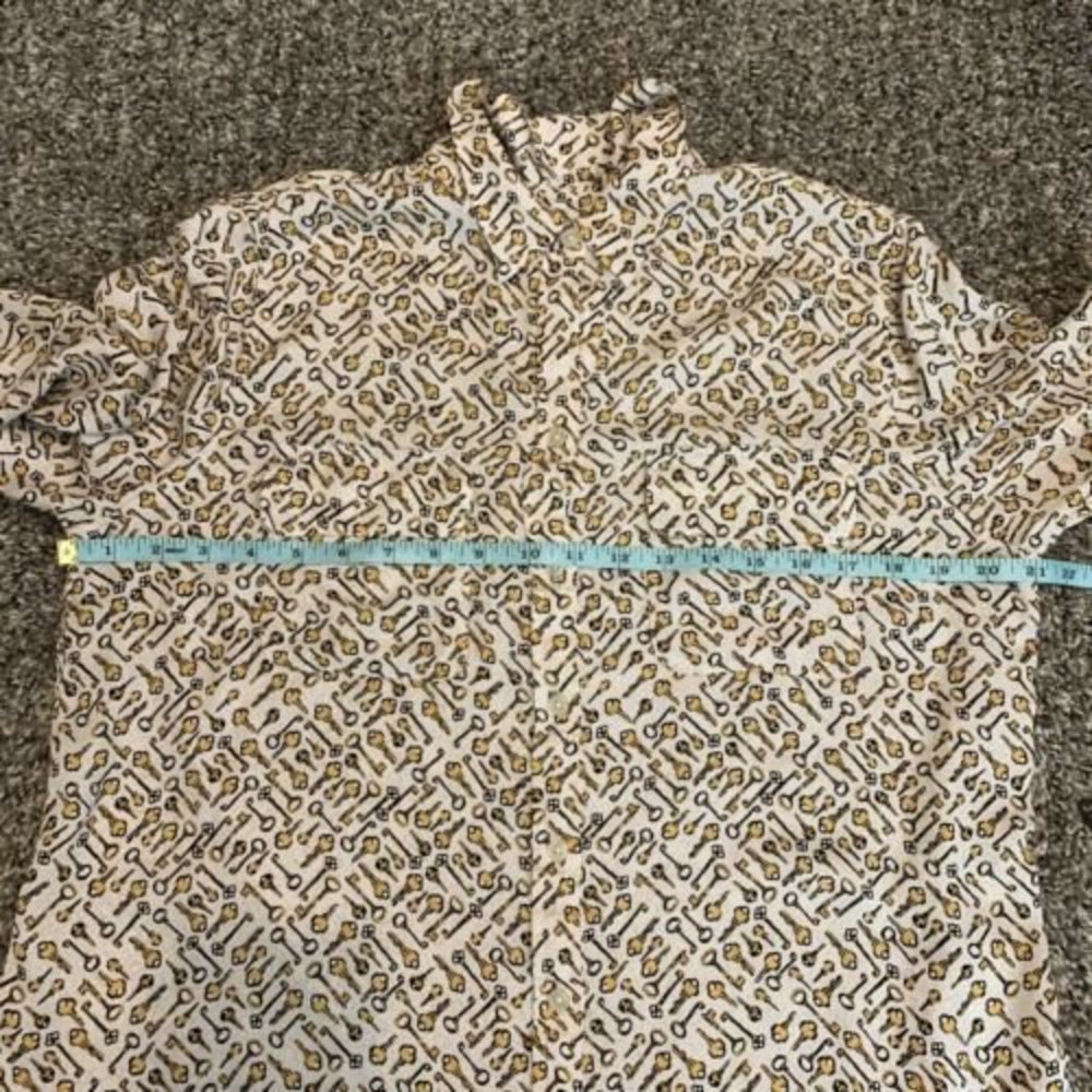 Chico’s 2 Large Novelty Print Keys Long Sleeve Collared Button Up Blouse Yellow - Picture 11 of 12
